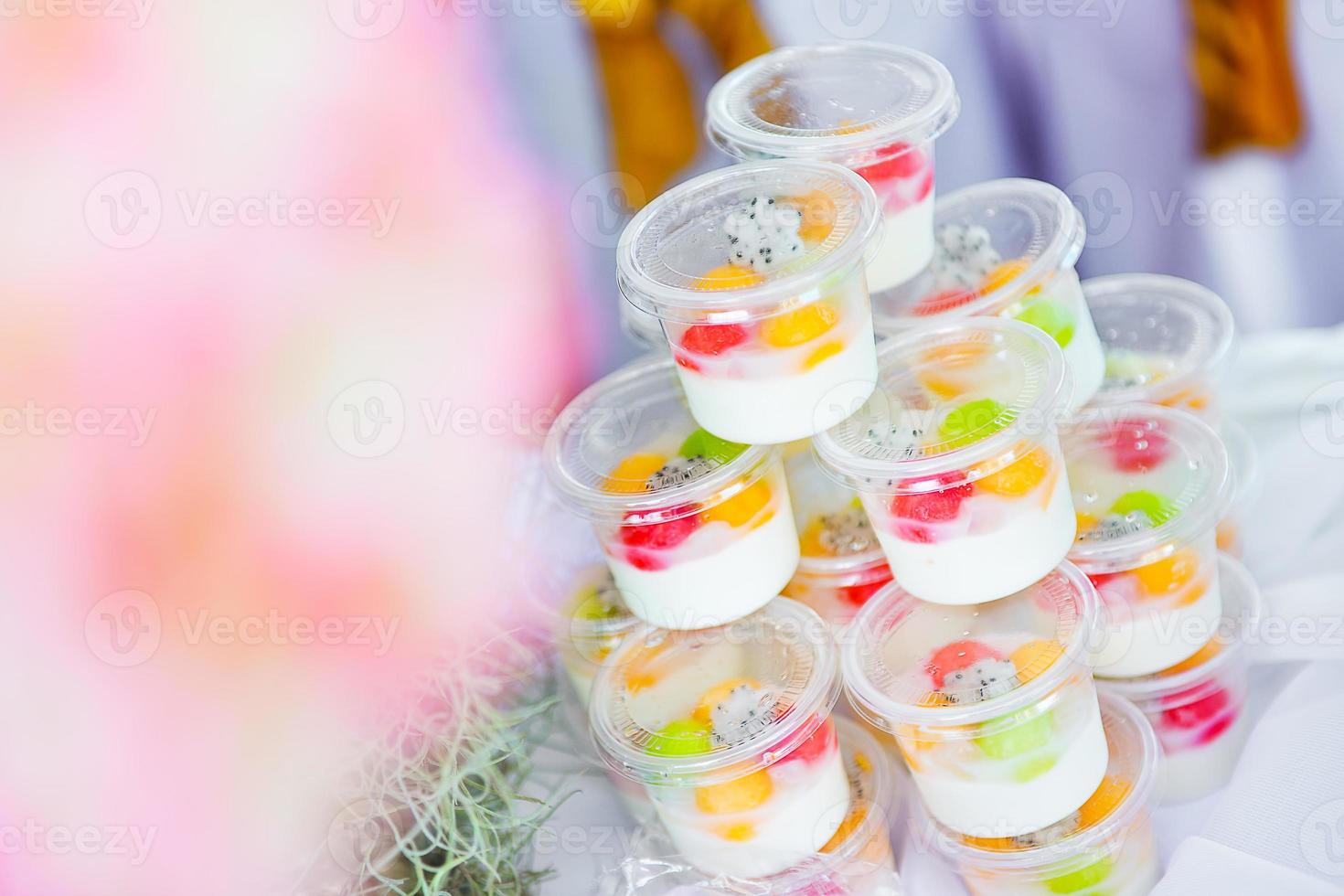 Pudding fruit salad , fruit salad topping on tofu photo