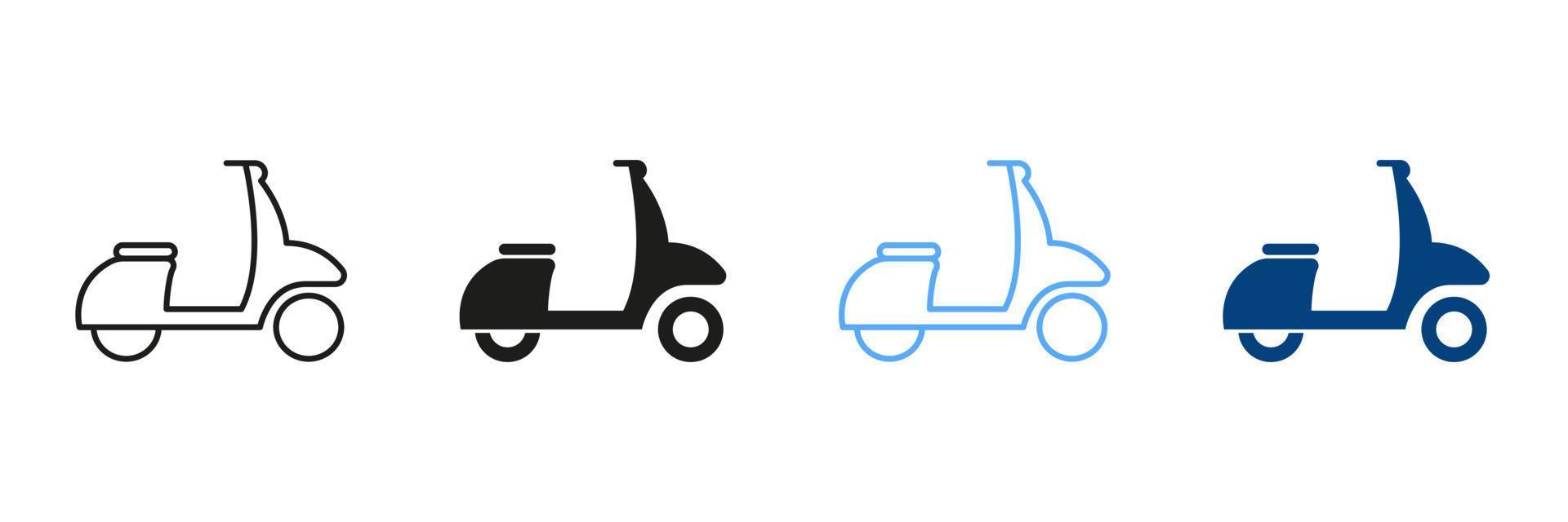 Motorcycle for Delivery Service Outline and Solid Sign Collection on White Background. Scooter Line and Silhouette Color Icon Set. Moped, Motorbike, Motorcycle Pictogram. Isolated Vector Illustration.