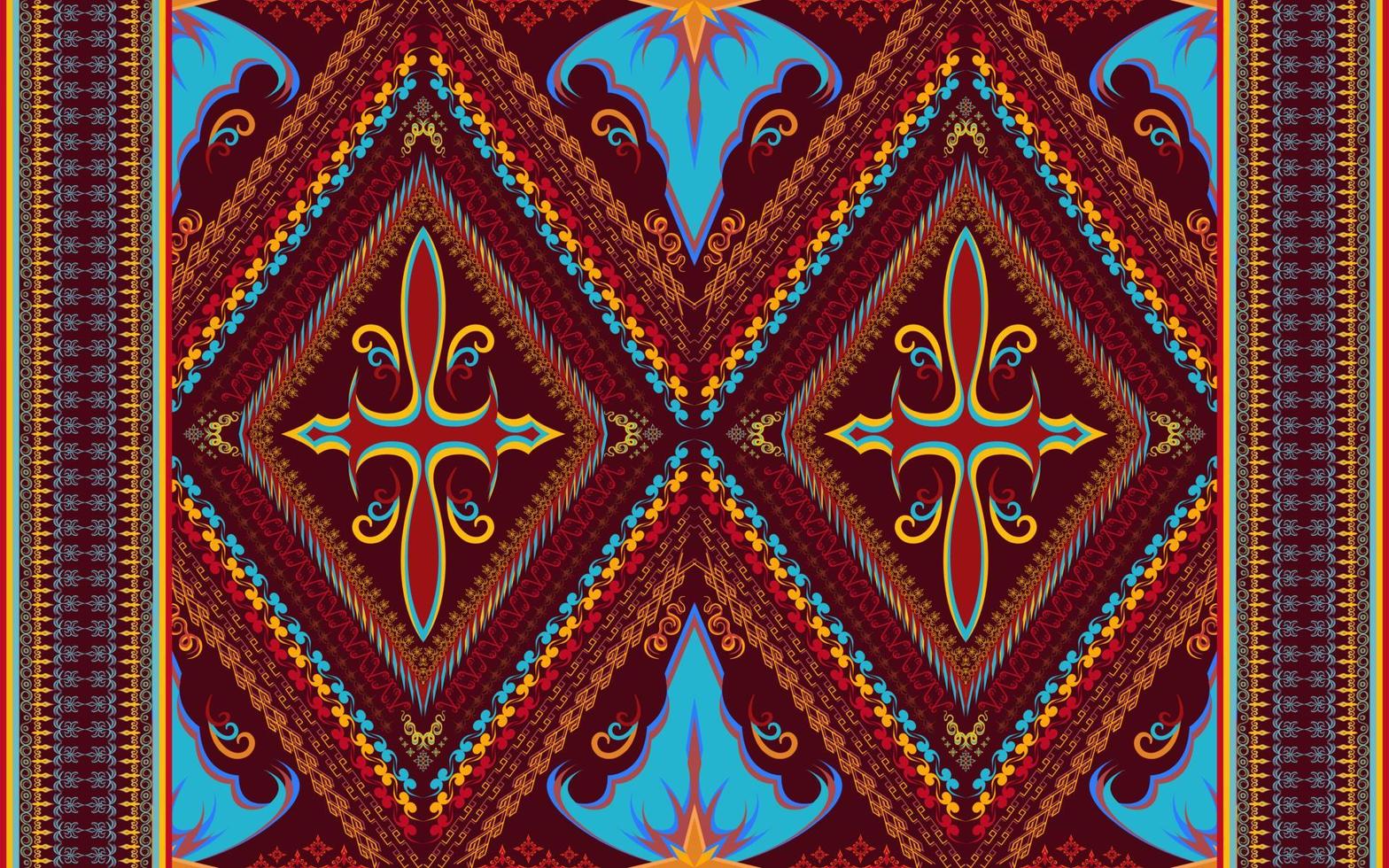Ethnic folk geometric seamless pattern in dark red cyan and yellow tone in vector illustration design for fabric, mat, carpet, scarf, wrapping paper, tile and more
