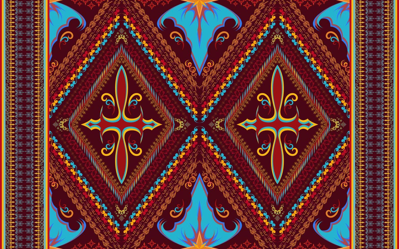 Ethnic folk geometric seamless pattern in dark red cyan and yellow tone in vector illustration design for fabric, mat, carpet, scarf, wrapping paper, tile and more