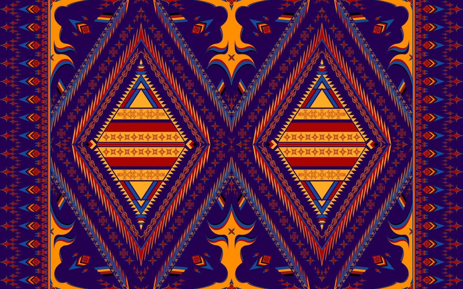 Ethnic folk geometric seamless pattern in dark blue, red and yellow tone in vector illustration design for fabric, mat, carpet, scarf, wrapping paper, tile and more