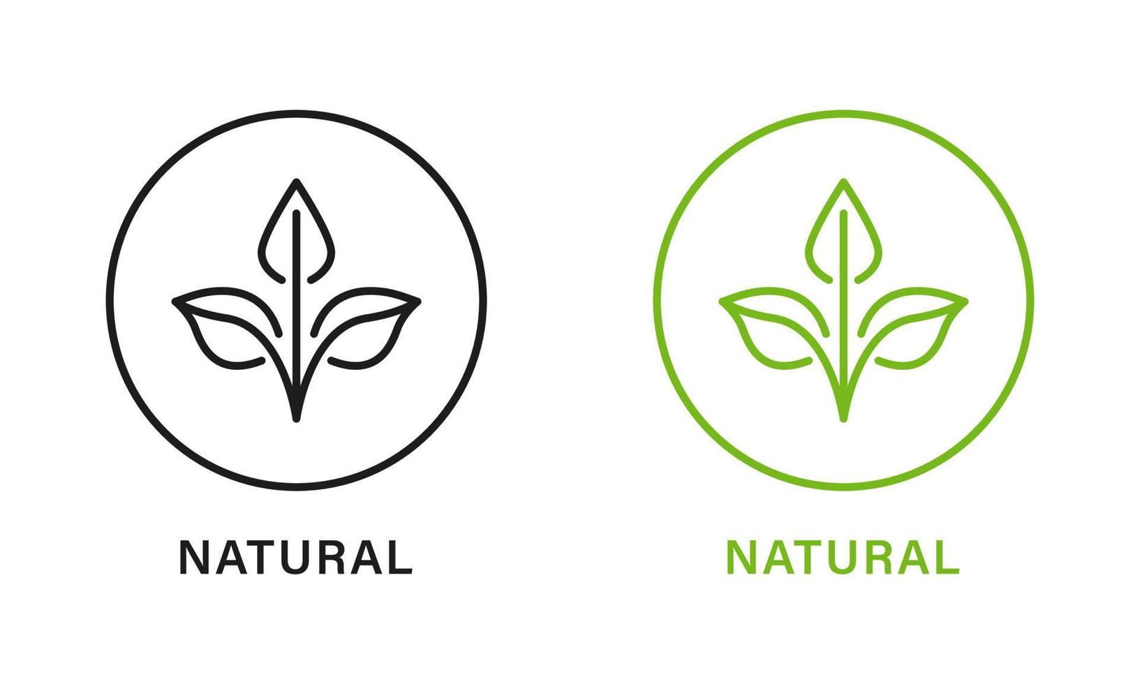 Natural Organic Product Green and Black Line Icon Set. Quality Fresh Natural Ingredients Outline Stickers. Eco Friendly Healthy Food Label. Leaf Symbol of Pure, Certified Logo. Vector Illustration.