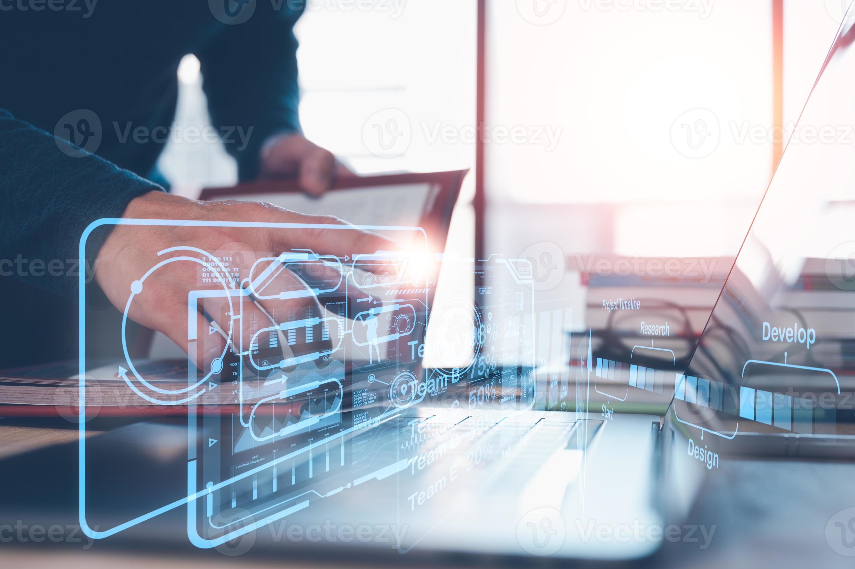 project management and presentation concept, man pointing at virtual ...