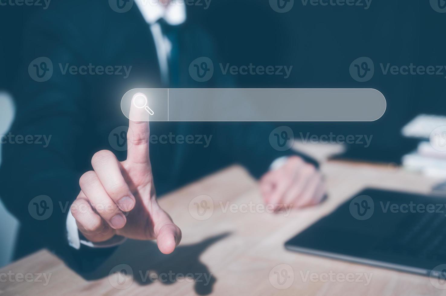 searching search engine concept, search with Ai assistant, Search On Virtual Screen Data Search Technology Search Engine Optimization. businessman use computer to Searching for information. photo