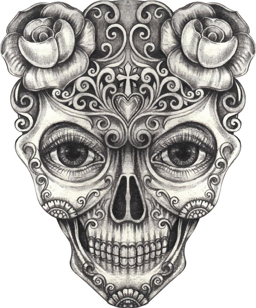 Art fancy skull day of the dead. Hand drawing and make graphic vector. vector