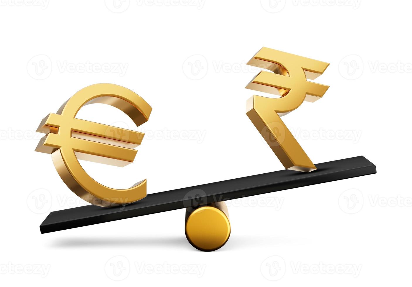 3d Golden Euro And Rupee Symbol Icons With 3d Black Balance Weight Seesaw, 3d illustration photo