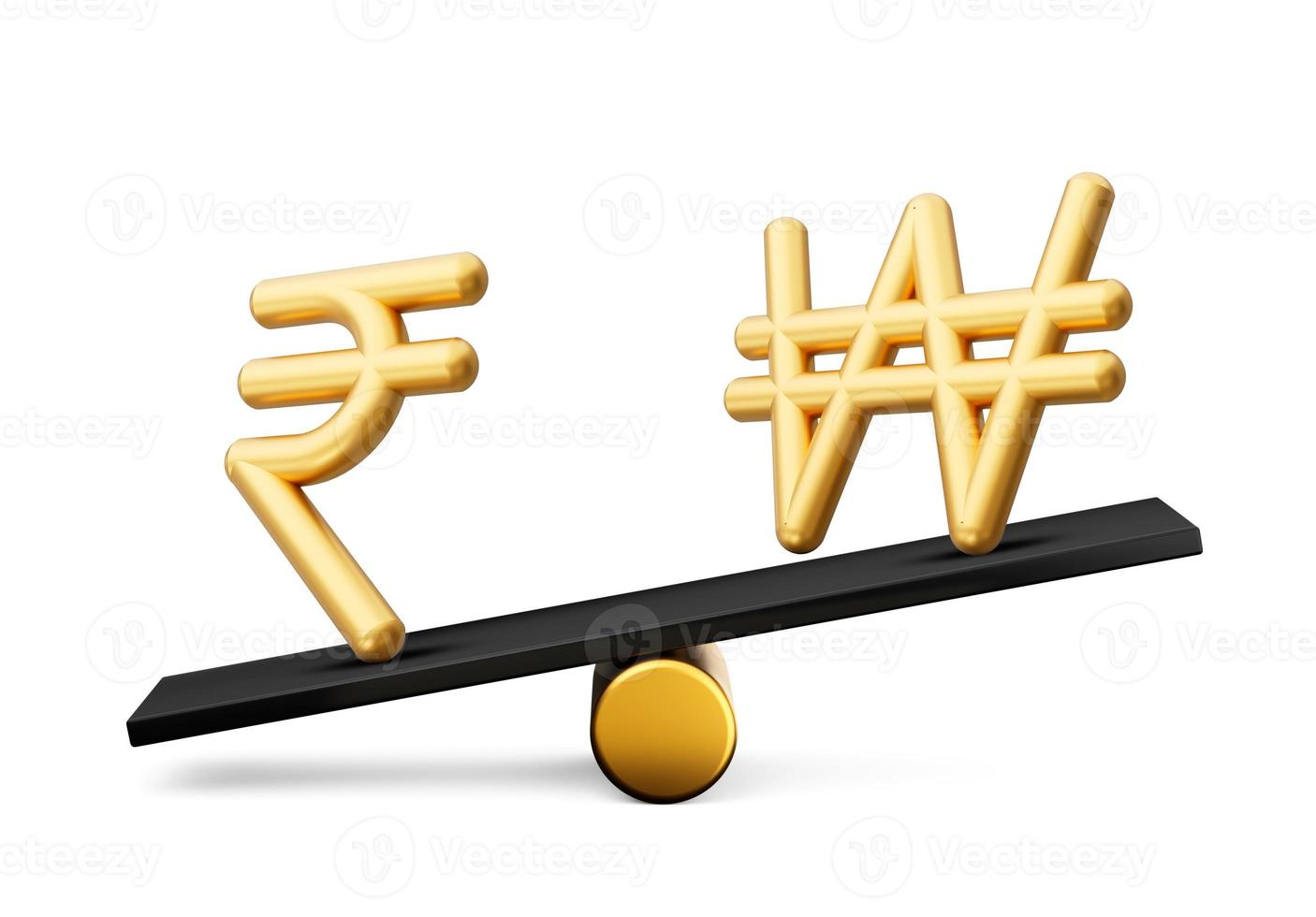 3d Golden Indian Rupee And Won Symbol Icons With 3d Black Balance Weight Seesaw, 3d illustration photo