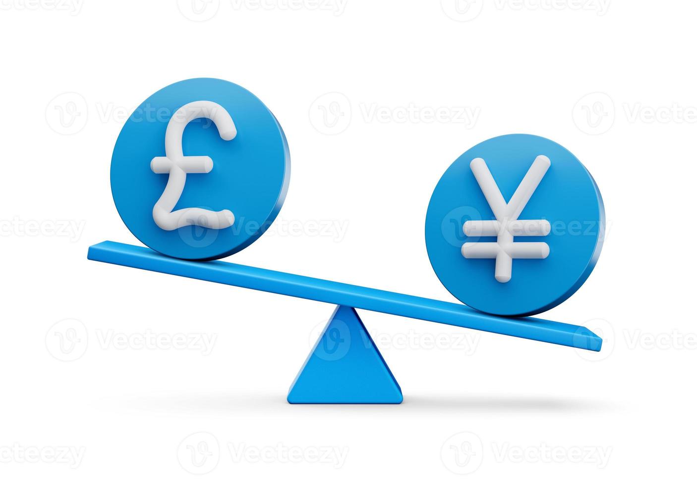 3d White Pound And Yen Symbol On Rounded Blue Icons With 3d Balance Weight Seesaw, 3d illustration photo