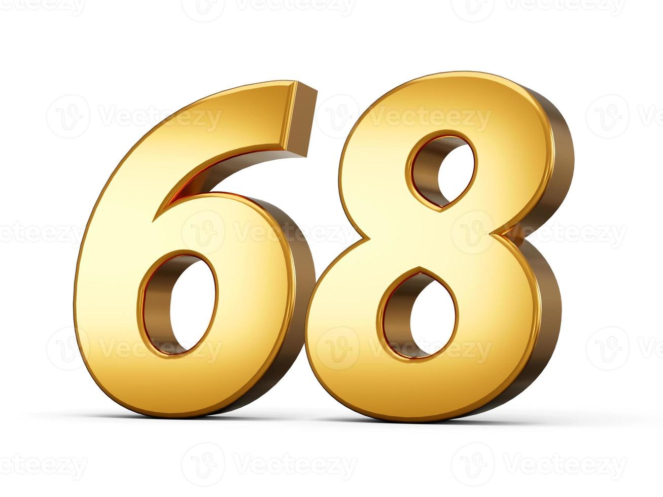 Golden metallic Number 68 Sixty Eight, White background 3d illustration