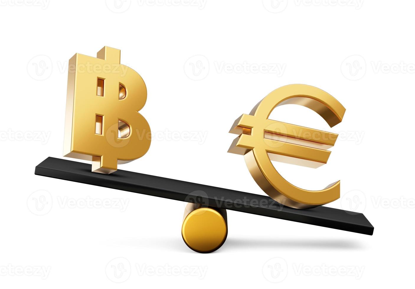 3d Golden Baht And Euro Symbol Icons With 3d Black Balance Weight Seesaw, 3d illustration photo