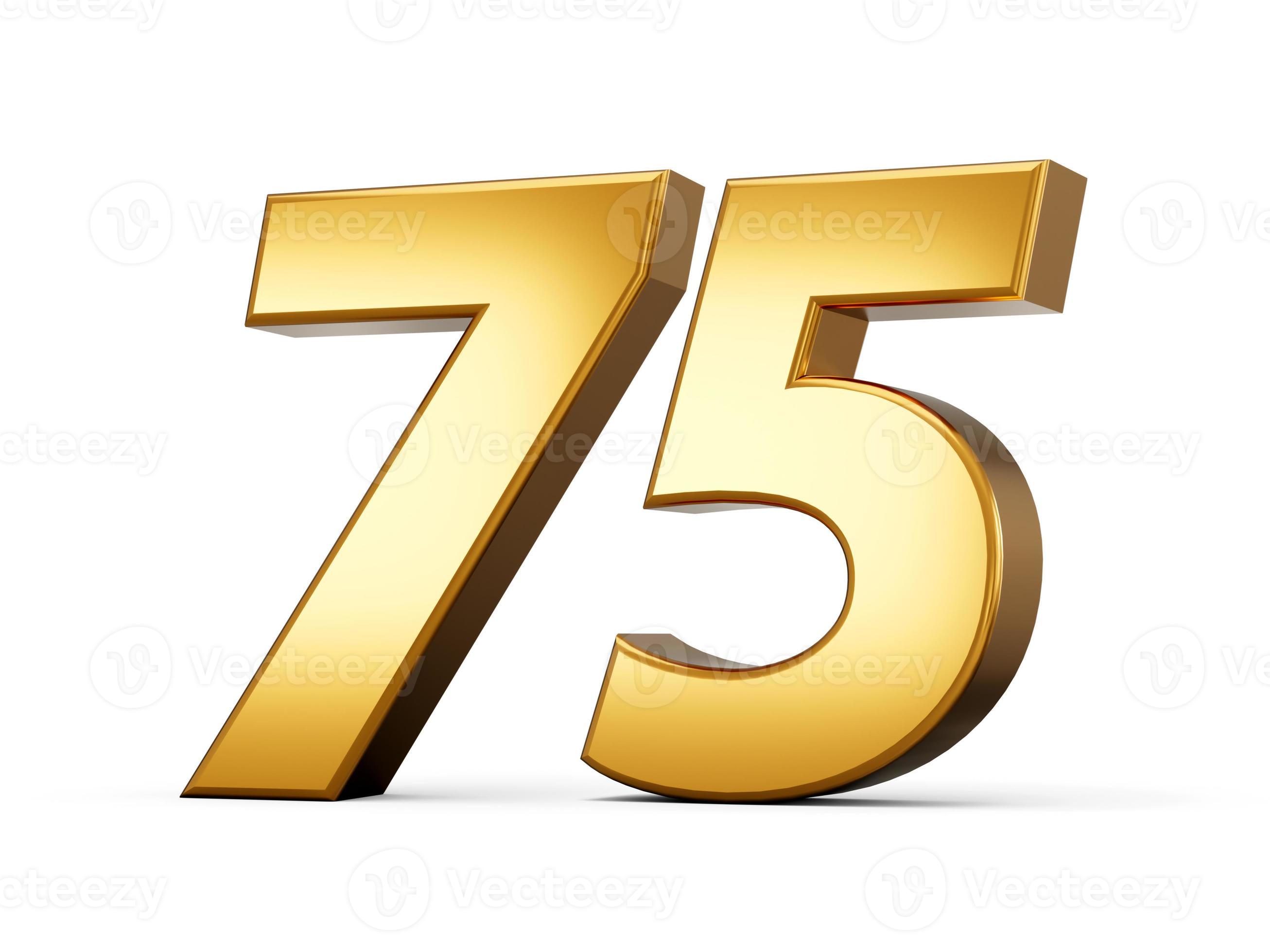 Gold number 75 Seventy Five isolated white background. shiny