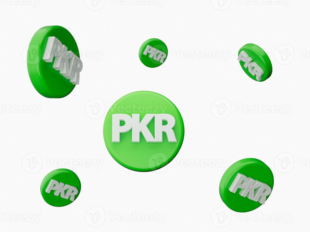 3d Six White Pakistani Rupee PKR Symbols With Rounded Green Icons Flying In The Air, 3d illustration photo