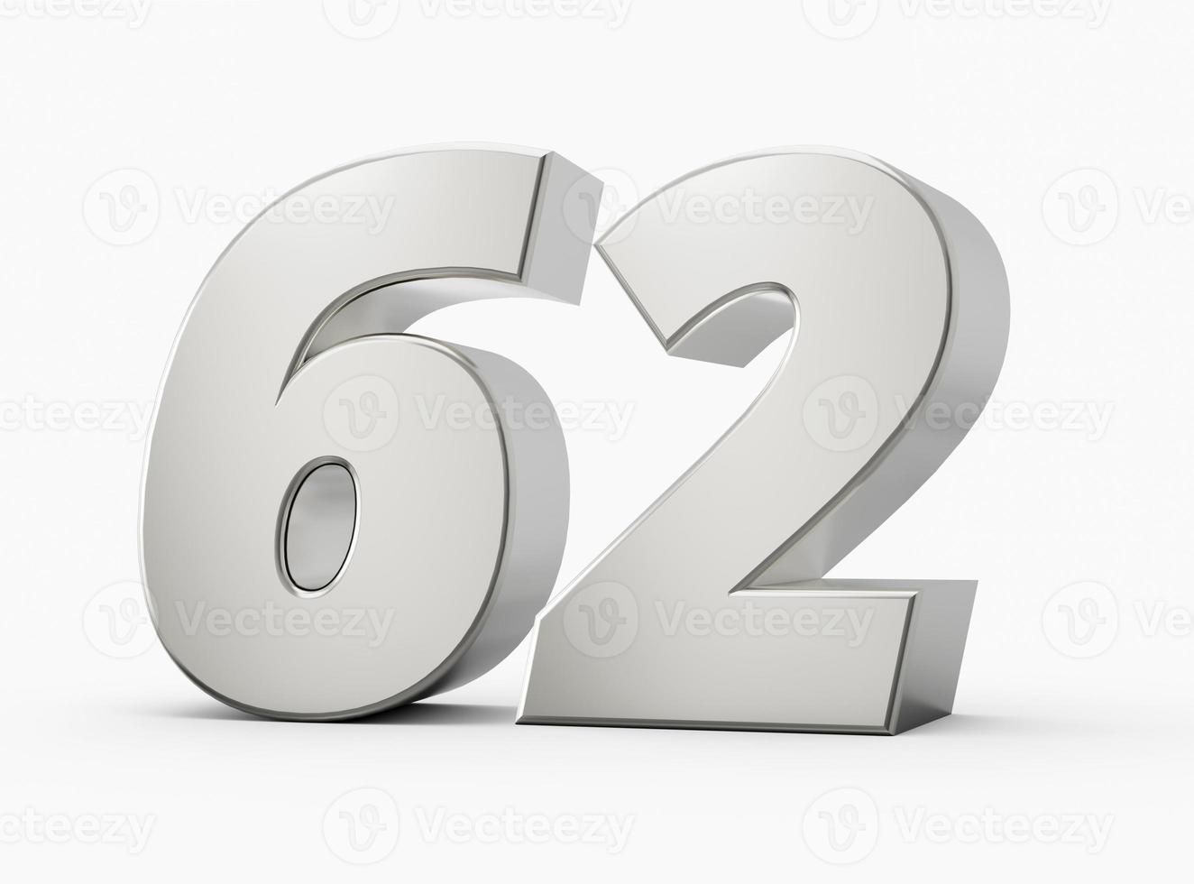 3d Shiny Silver Number 62, Sixty Two 3d Silver Number Isolated On White Background, 3d illustration photo