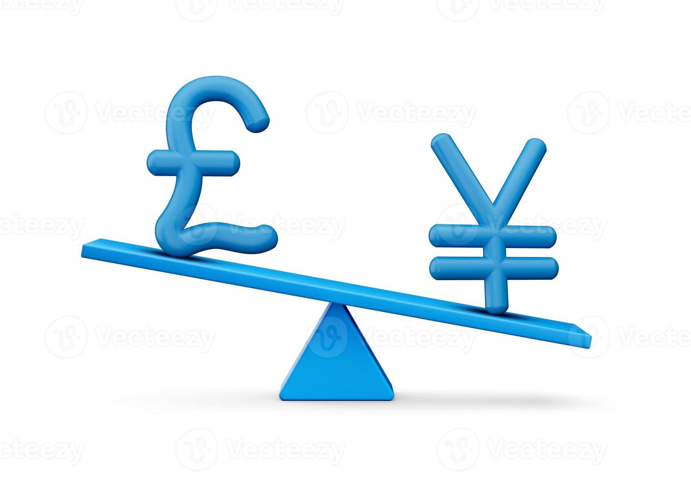 3d Blue Pound And Yen Symbol Icons With 3d Blue Balance Weight Seesaw, 3d illustration photo