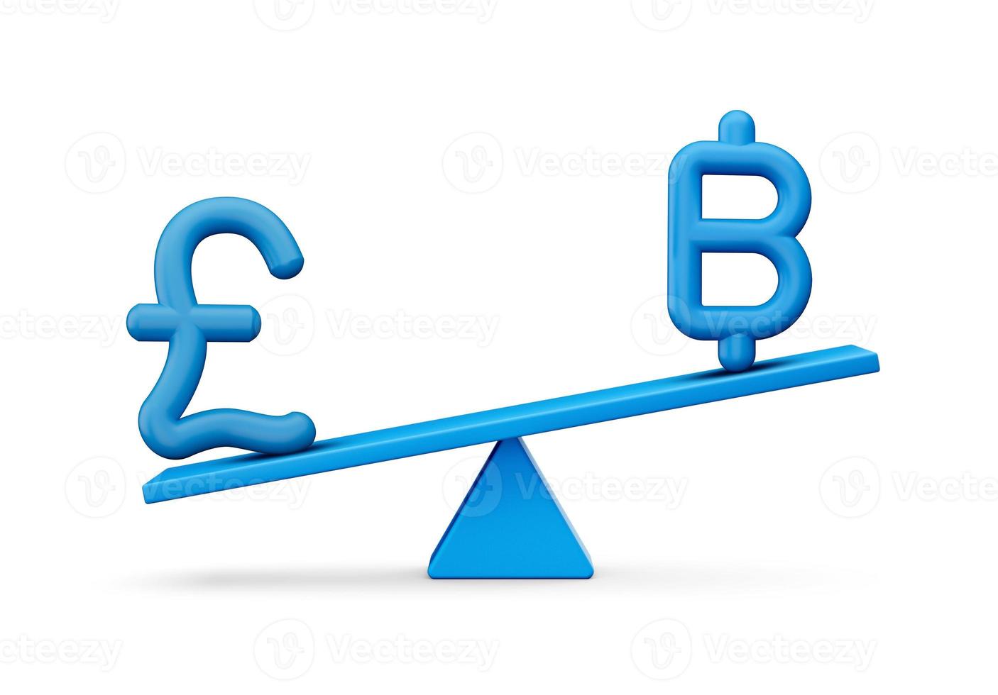 3d Blue Pound And Baht Symbol Icons With 3d Blue Balance Weight Seesaw, 3d illustration photo