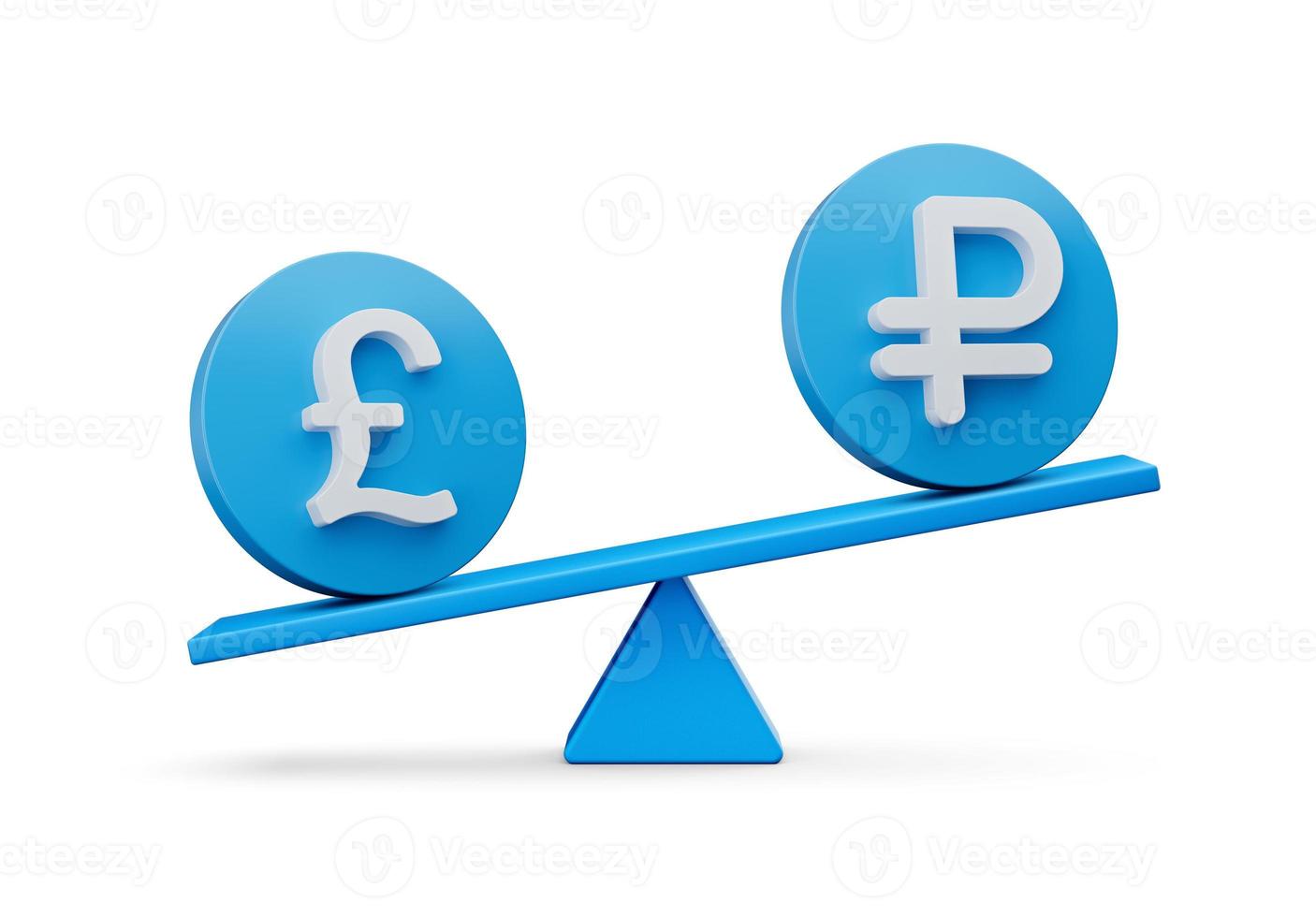 3d White Pound And Ruble Symbol On Rounded Blue Icons With 3d Balance Weight Seesaw, 3d illustration photo