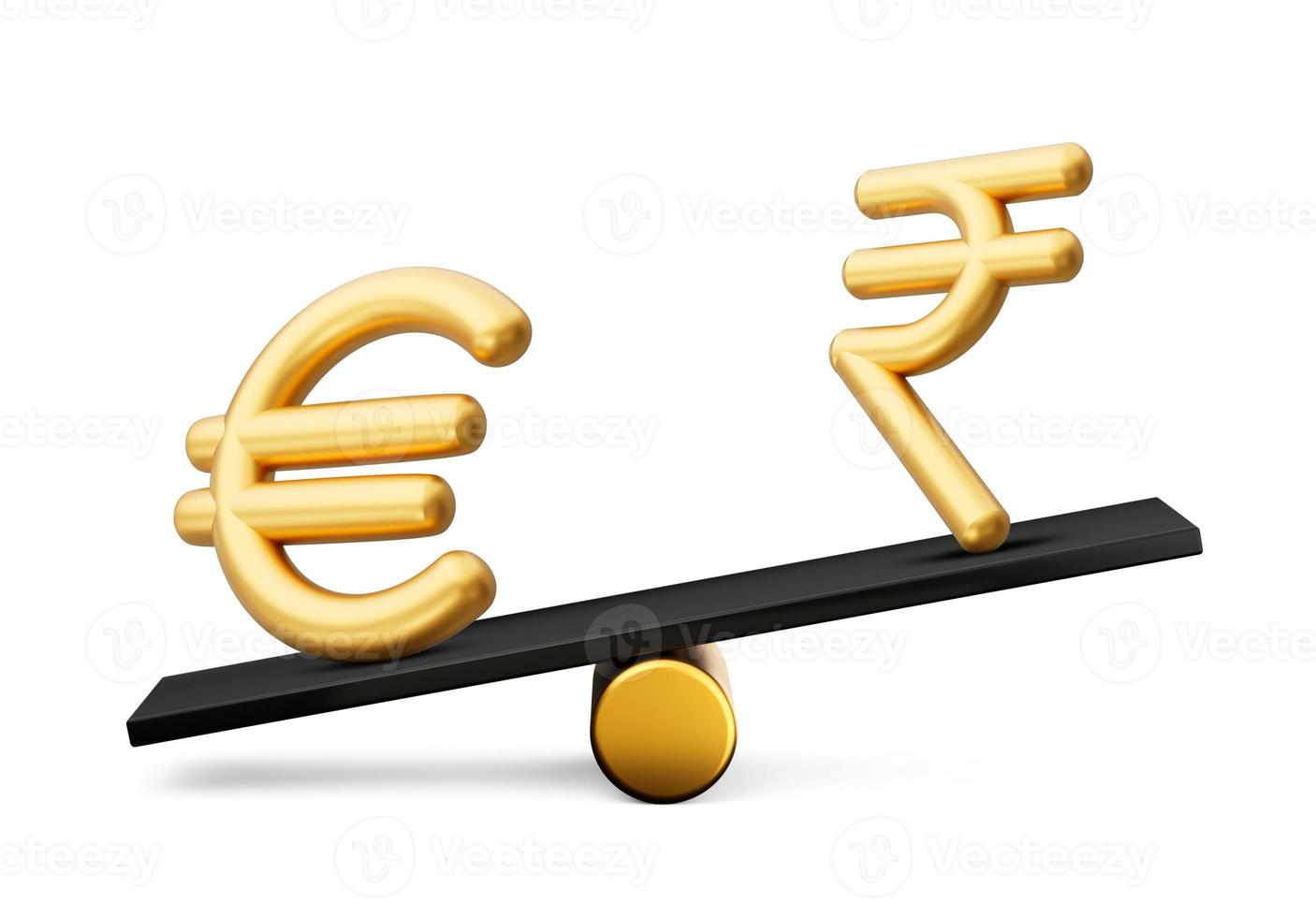 3d Golden Euro And Rupee Symbol Icons With 3d Black Balance Weight Seesaw, 3d illustration photo