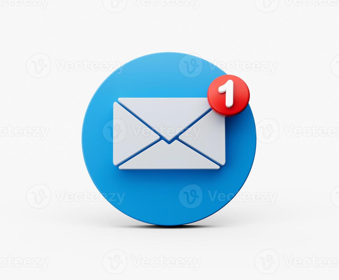 White envelope and the letter 1 on Red circle. Mail icon on a white background. 3d illustration photo