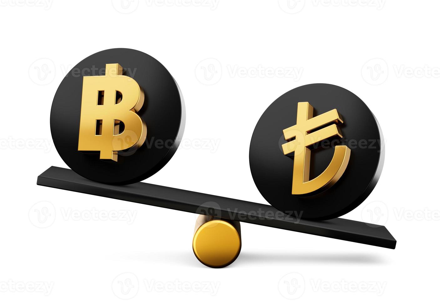 3d Golden Baht And Lira Symbol On Rounded Black Icons With 3d Balance Weight Seesaw, 3d illustration photo