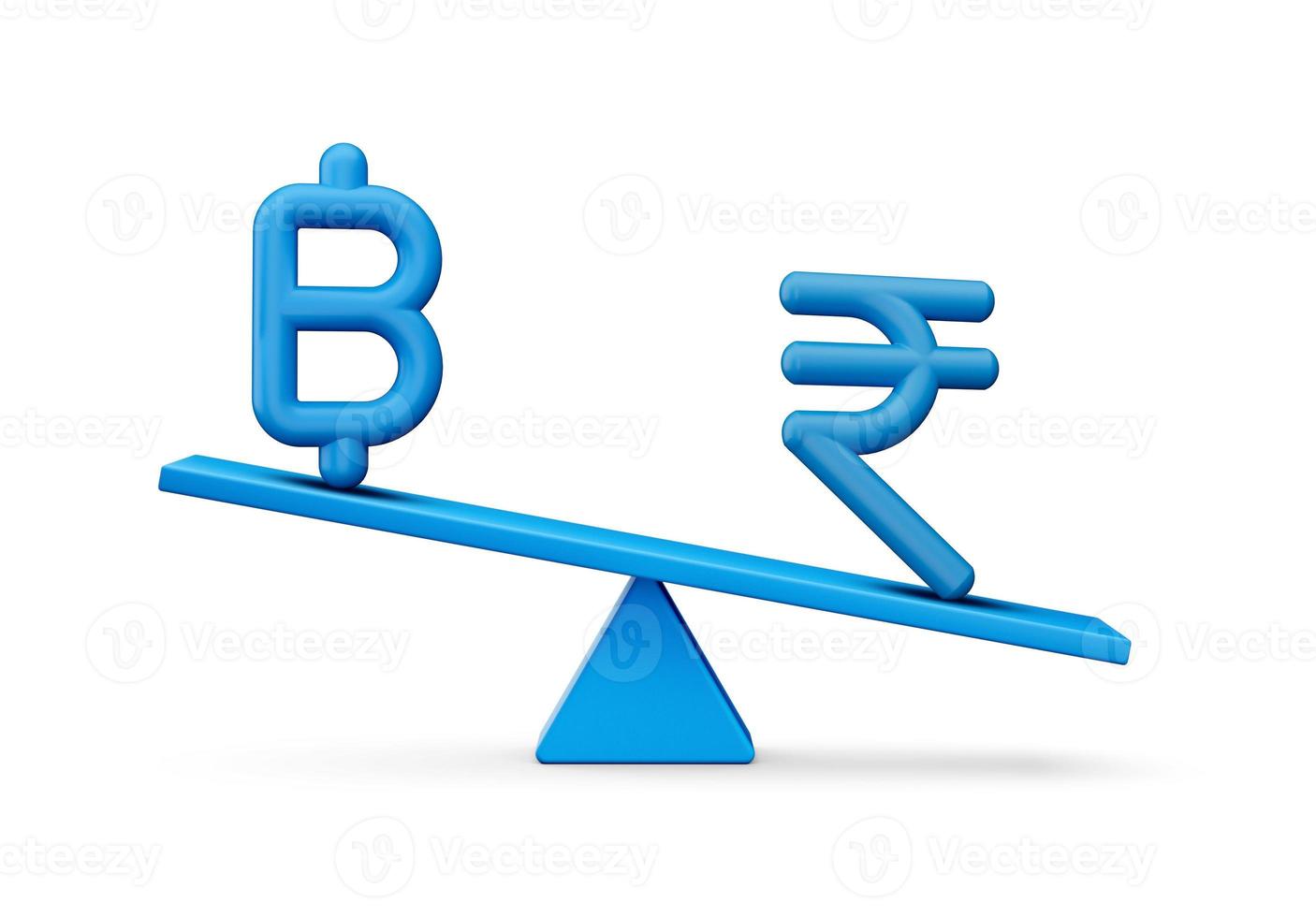3d Blue Baht And Rupee Symbol Icons With 3d Blue Balance Weight Seesaw, 3d illustration photo