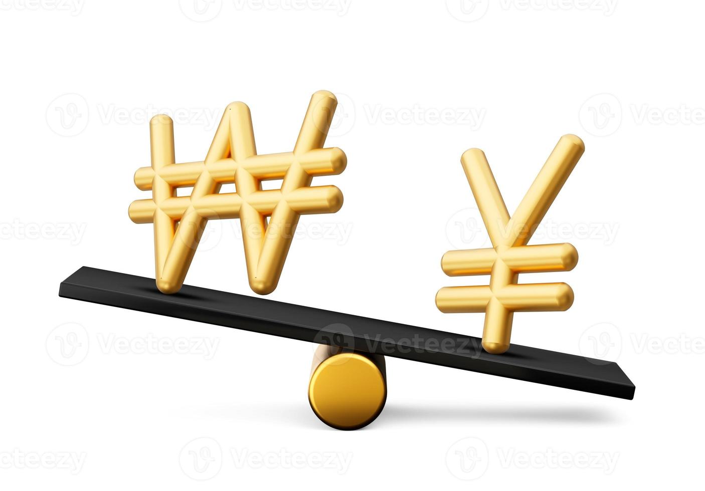 3d Golden Won And Yen Symbol Icons With 3d Black Balance Weight Seesaw, 3d illustration photo