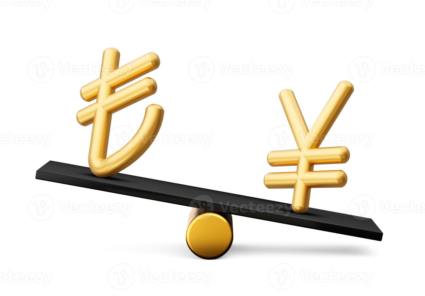 3d Golden Lira And Yen Symbol Icons With 3d Black Balance Weight Seesaw, 3d illustration photo