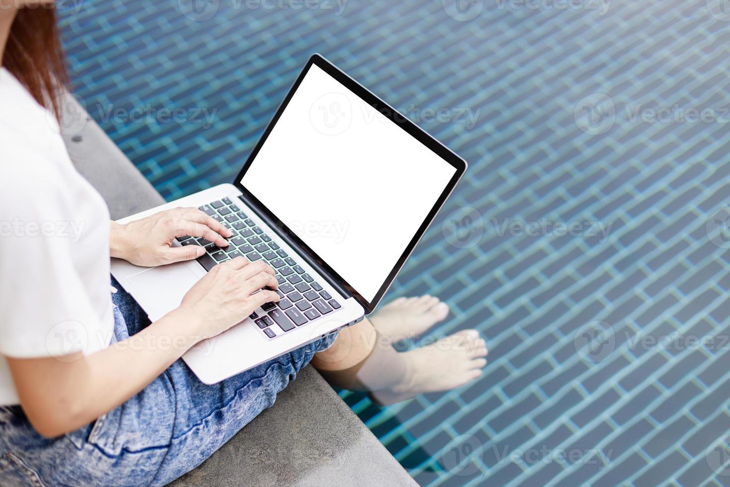 Business Woman Trades Stocks in Tranquil Rural Hotel Setting by Swimming Pool photo