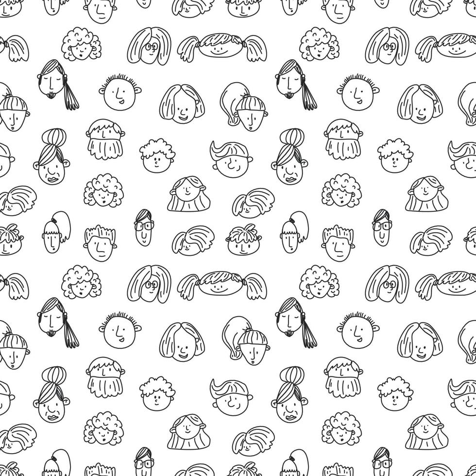 seamless pattern with peoples faces. black and white Sketch. Hand-drawn doodle style.. Line art. Different men and women. Cartoon characters. Vector illustration