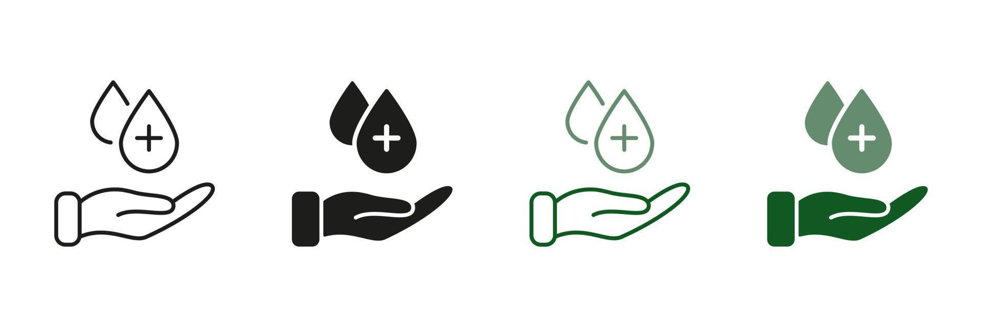 Human Hand with Sanitizer Liquid Drop Symbol Collection. Hygiene Procedure Line and Silhouette Icon Set. Hand Washing, Antiseptic Alcohol Gel Sign. Prevention Concept. Isolated Vector illustration.