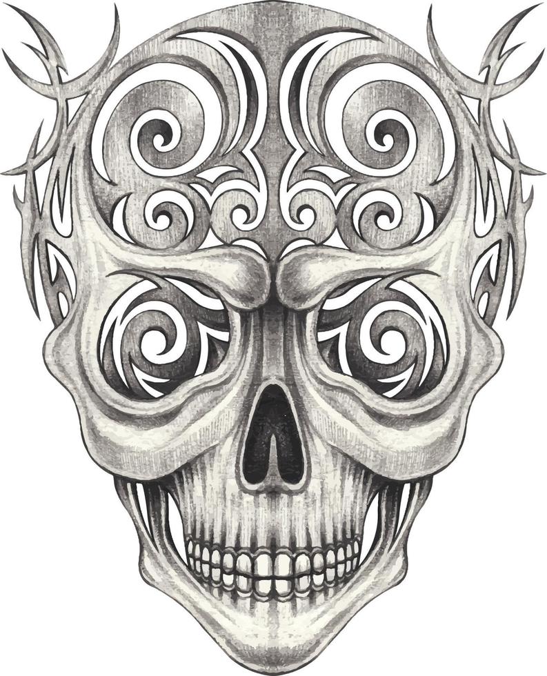 Art fancy skull tattoo. Hand drawing and make graphic vector. vector