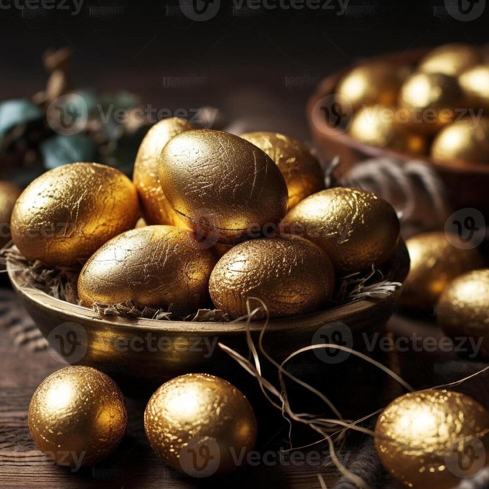 Easter beautiful shiny golden egg in bowl on a table. Easter card template. photo