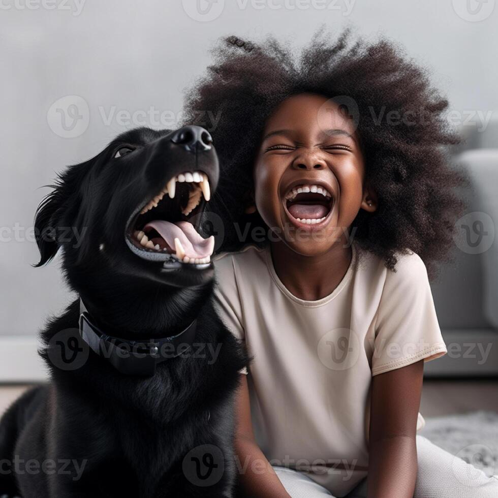 Photo of a cute little girl laughing while playing with her dog. . World Laughter Day