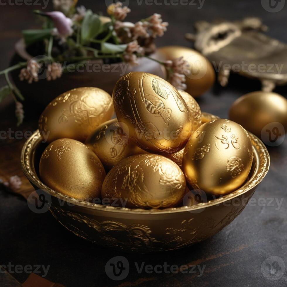Easter beautiful shiny golden egg in bowl on a table. Easter card template. photo