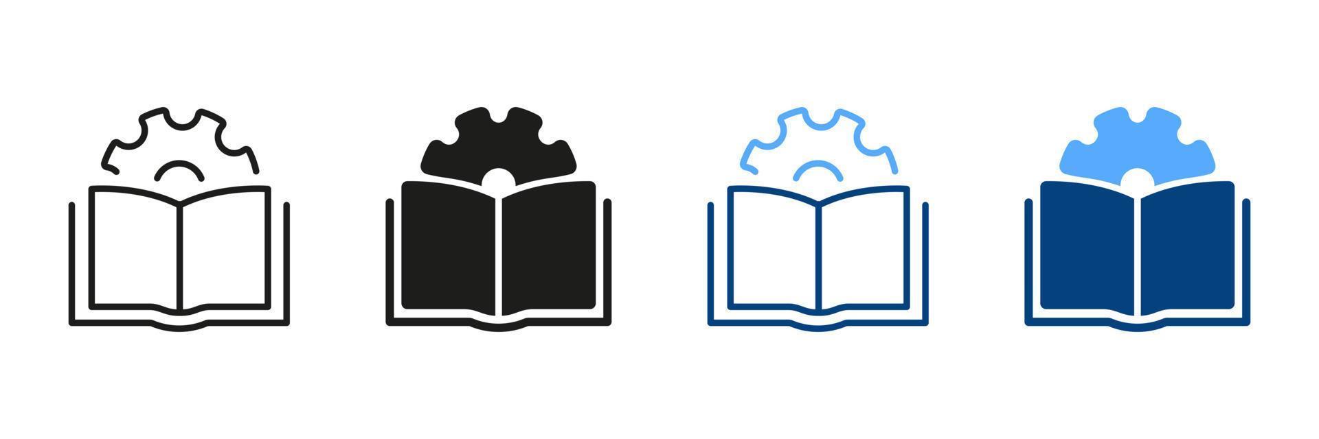 Technical Guide Book and Color Pictogram. Customer Guide Technical Documentation. User Manual Document Line and Silhouette Icon Set. Open Book and Gear Symbol Collection. Isolated Vector Illustration.