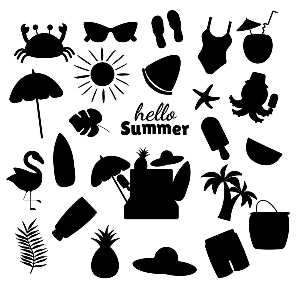 Summer silhouette  set cartoon elements flat style vector