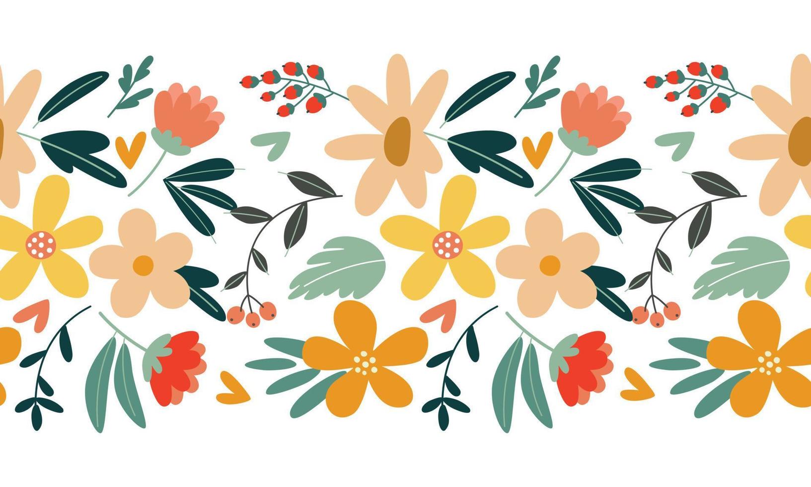 Seamless vector border with multicolored flowers in flat style on a white background.