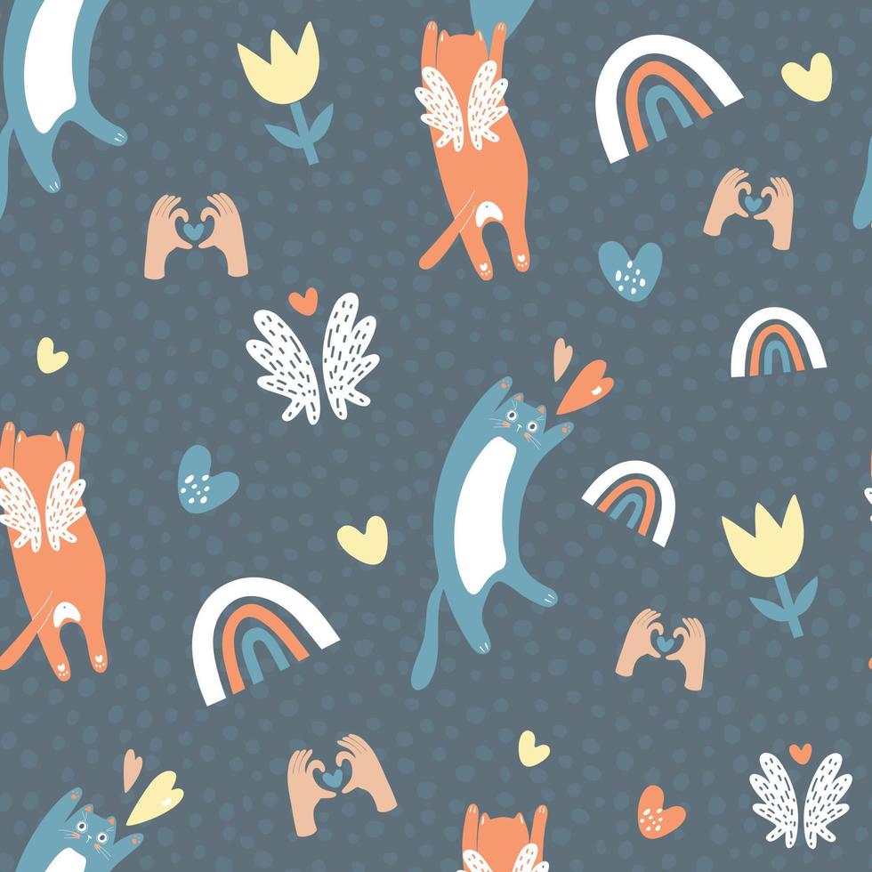 Seamless pattern with vector elements cats, rainbow and flowers on a blue background.