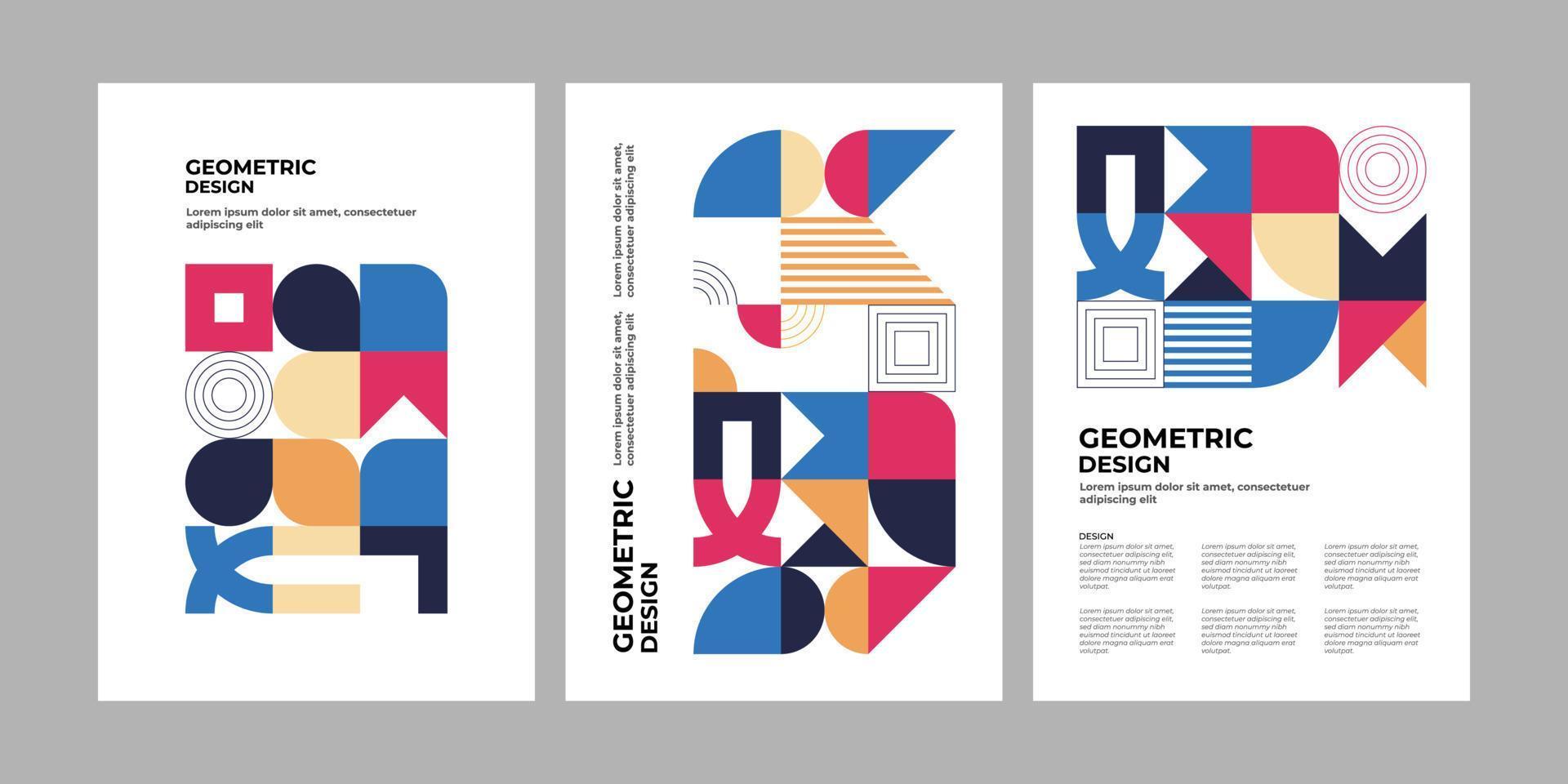 Colorful neo geometric poster. Grid with color geometrical shapes. Modern abstract promotional flyer background illustration set. Geometric template poster, brochure neo pattern vector