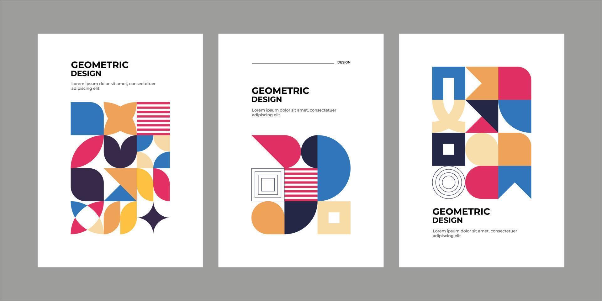 Colorful neo geometric poster. Grid with color geometrical shapes. Modern abstract promotional flyer background illustration set. Geometric template poster, brochure neo pattern vector