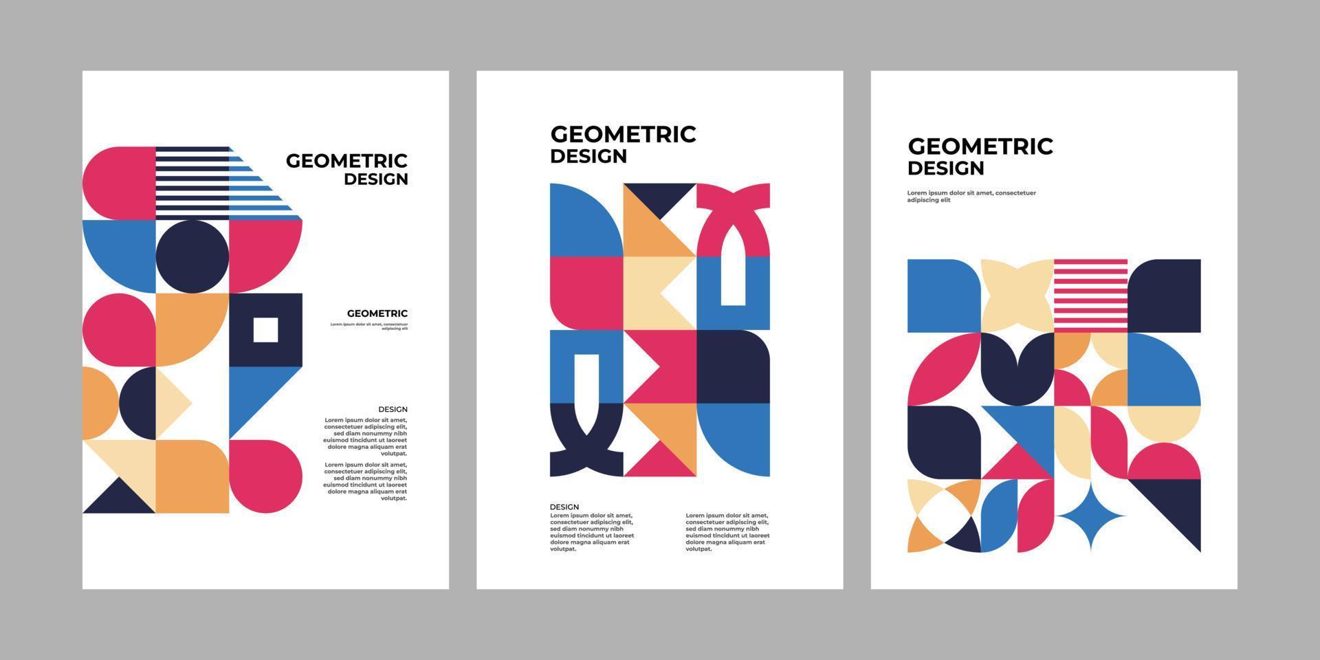 Colorful neo geometric poster. Grid with color geometrical shapes. Modern abstract promotional flyer background illustration set. Geometric template poster, brochure neo pattern vector