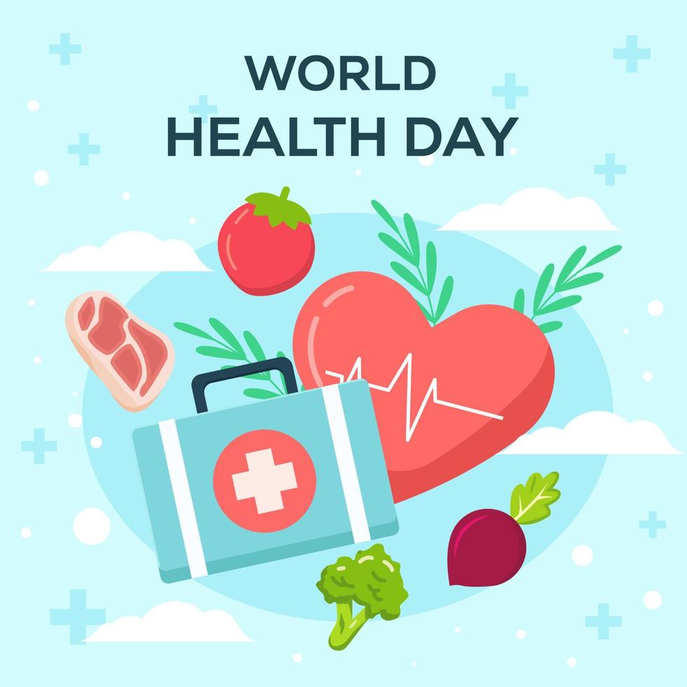 flat design world health day illustration with medical bag, vegetables, and meat vector
