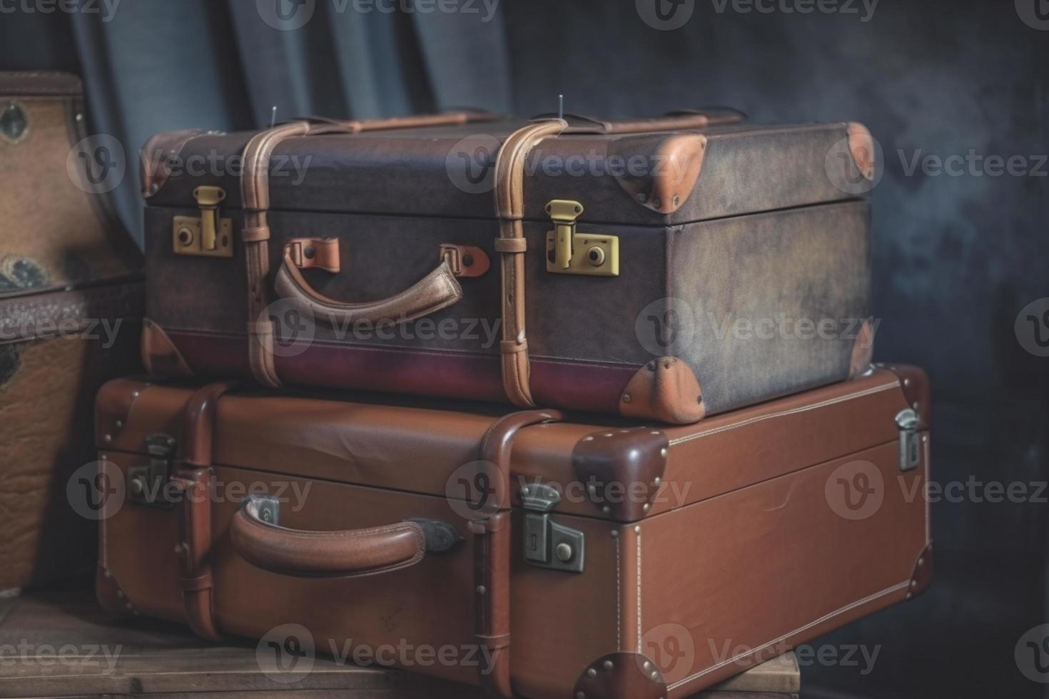 Vintage old classic travel leather suitcases on background. 90's concepts. Vintage style filtered photo. photo