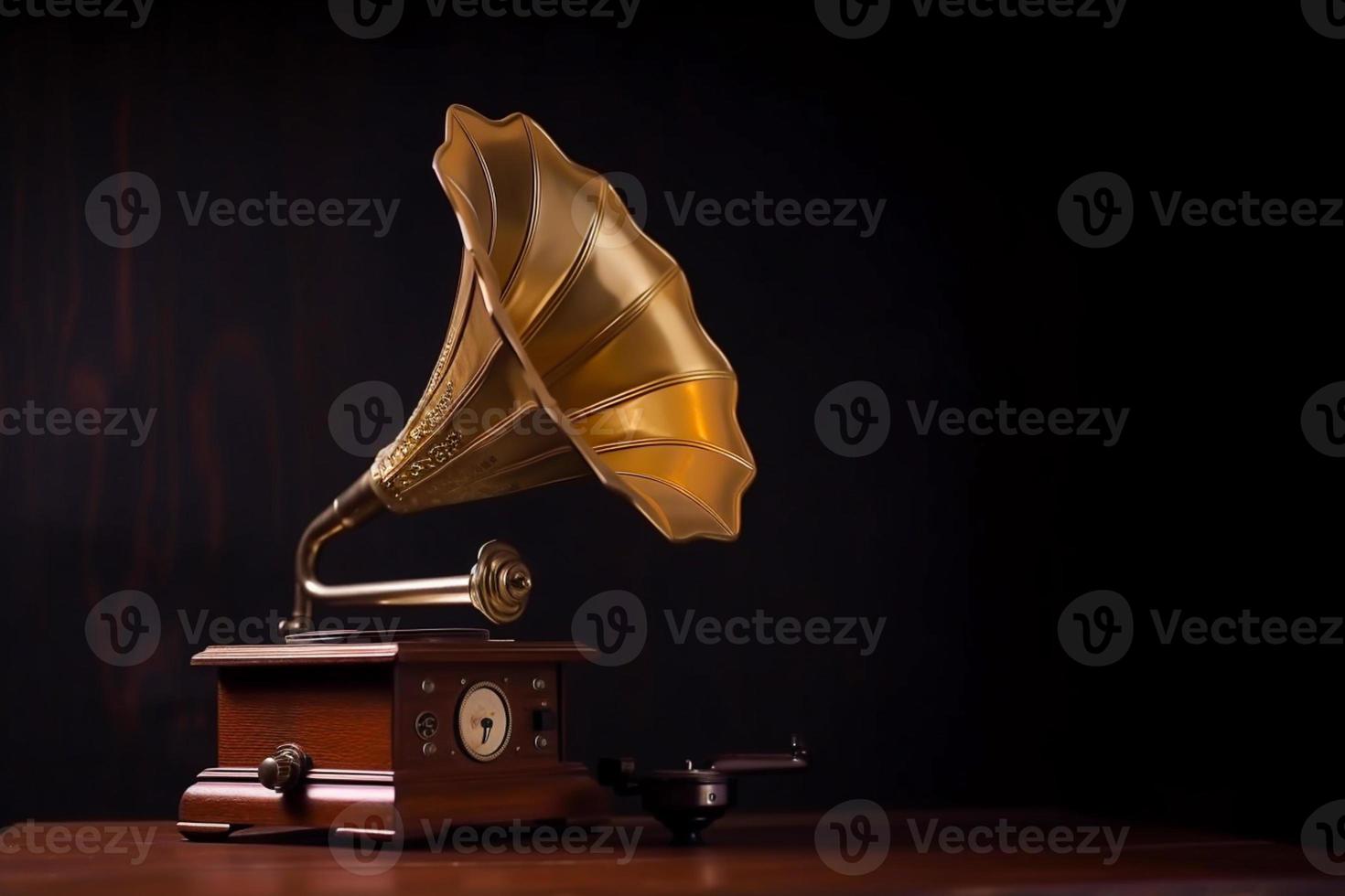 Vintage antique aquamarine gramophone phonograph turntable on background. 90's concepts. Vintage style filtered photo. photo