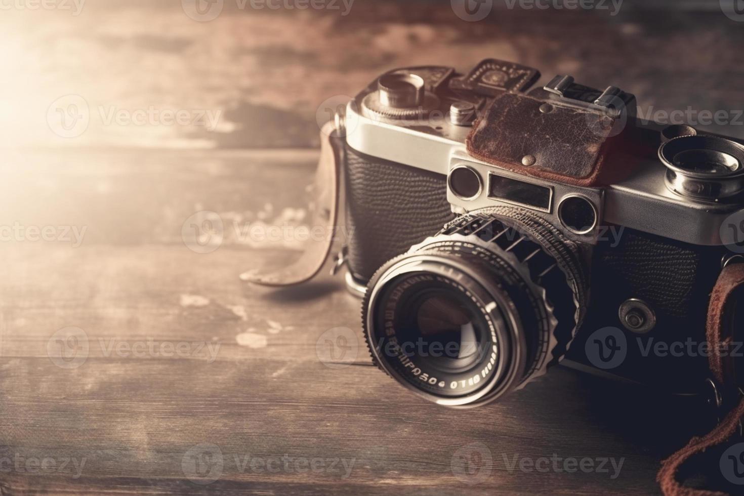 Old retro camera on vintage background. 90's concepts. Vintage style filtered photo. photo