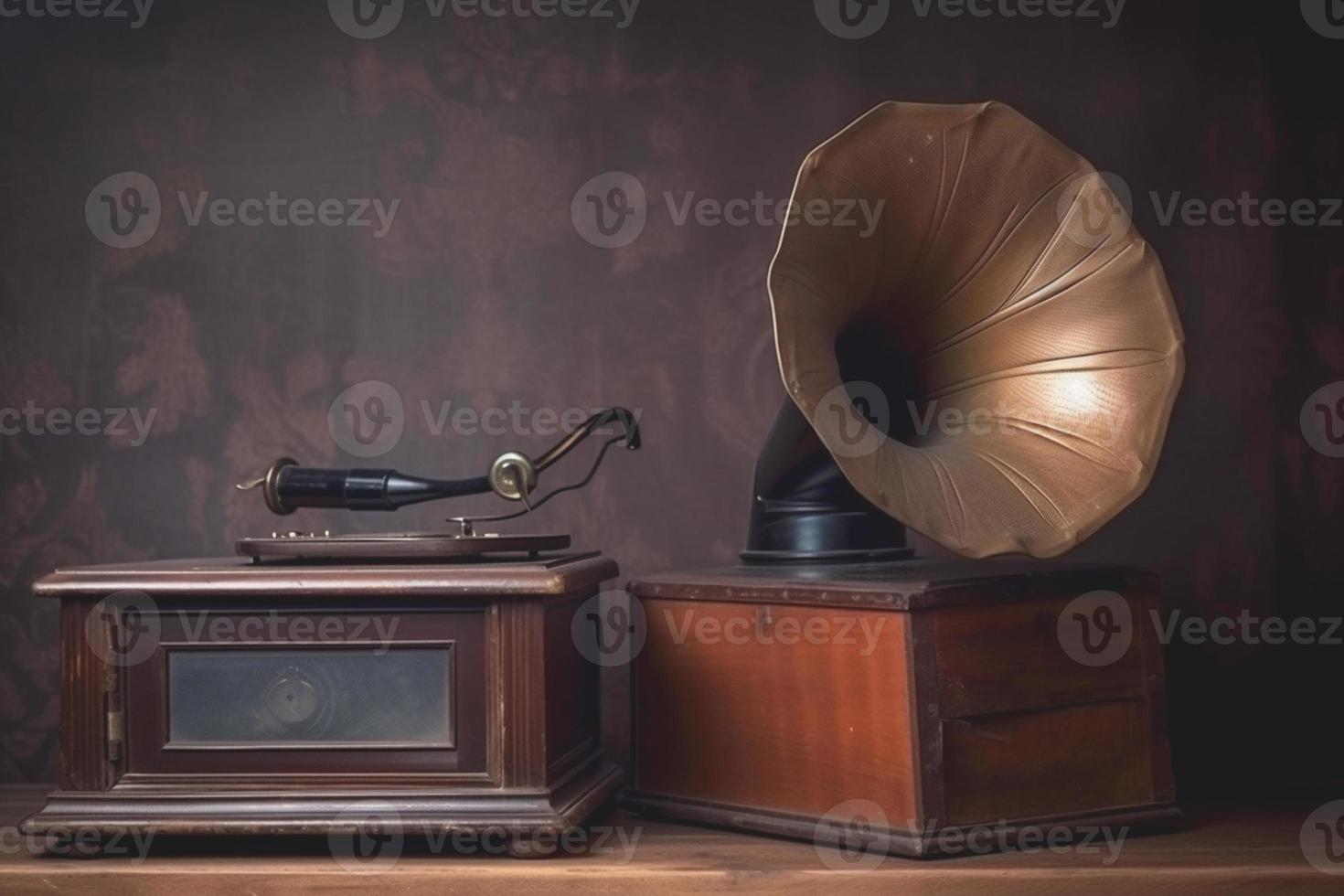 Vintage antique aquamarine gramophone phonograph turntable on background. 90's concepts. Vintage style filtered photo. photo