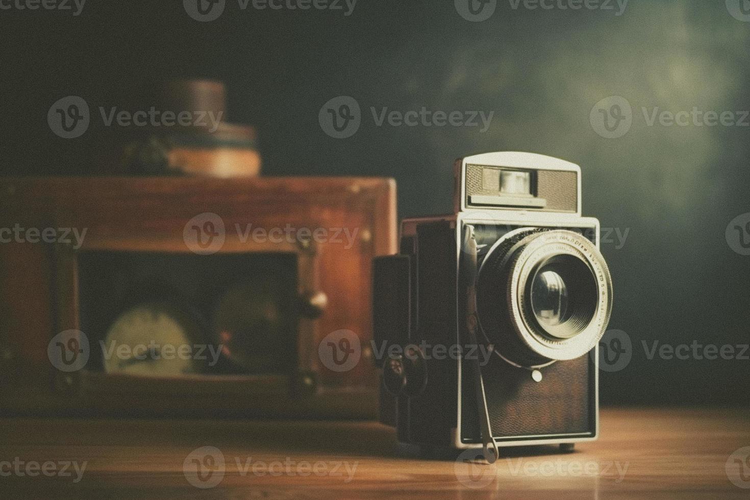 Old retro camera on vintage background. 90's concepts. Vintage style filtered photo. photo