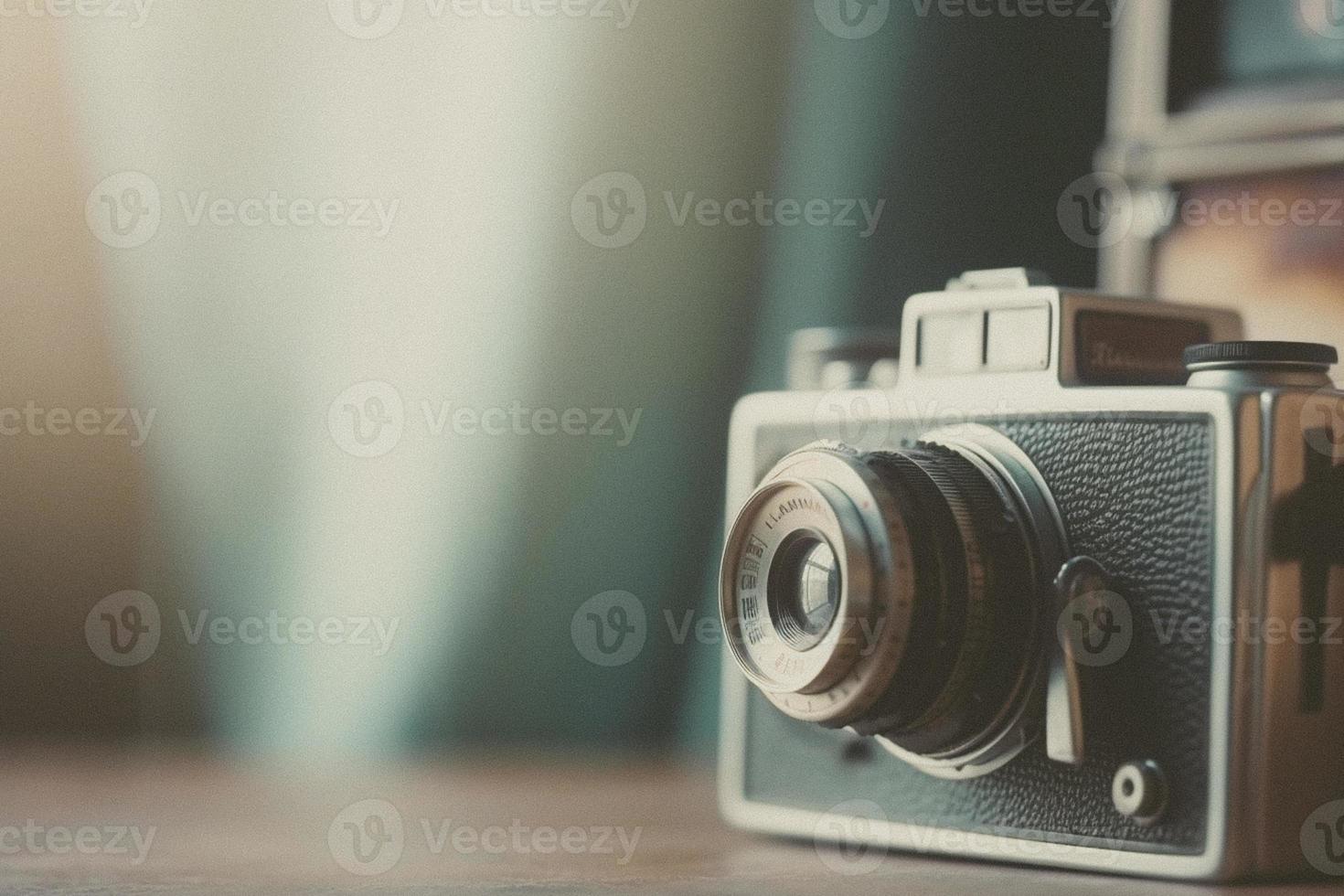 Old retro camera on vintage background. 90's concepts. Vintage style filtered photo. photo