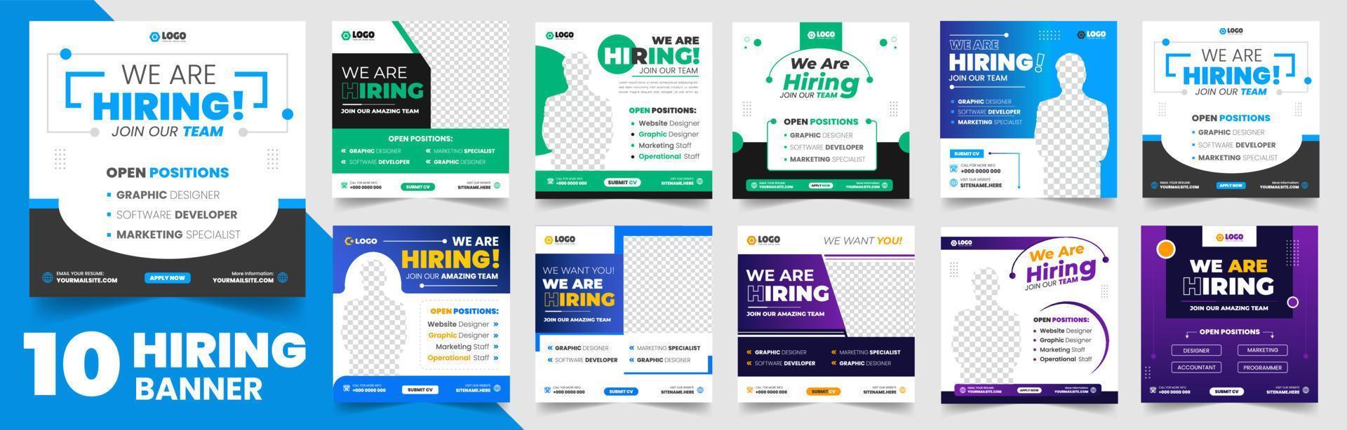 We are hiring job vacancy social media post banner design set template with. We are hiring job vacancy square web banner design bundle. Hiring banner set. Hiring Banner bundle. vector