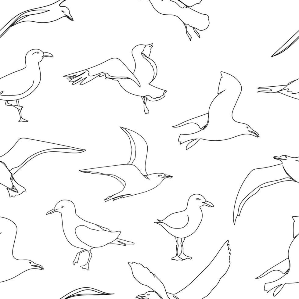 Outline seagull hand drawn seamless pattern. Hand drawn minimalism style vector illustration. Beautiful sea life design elements.