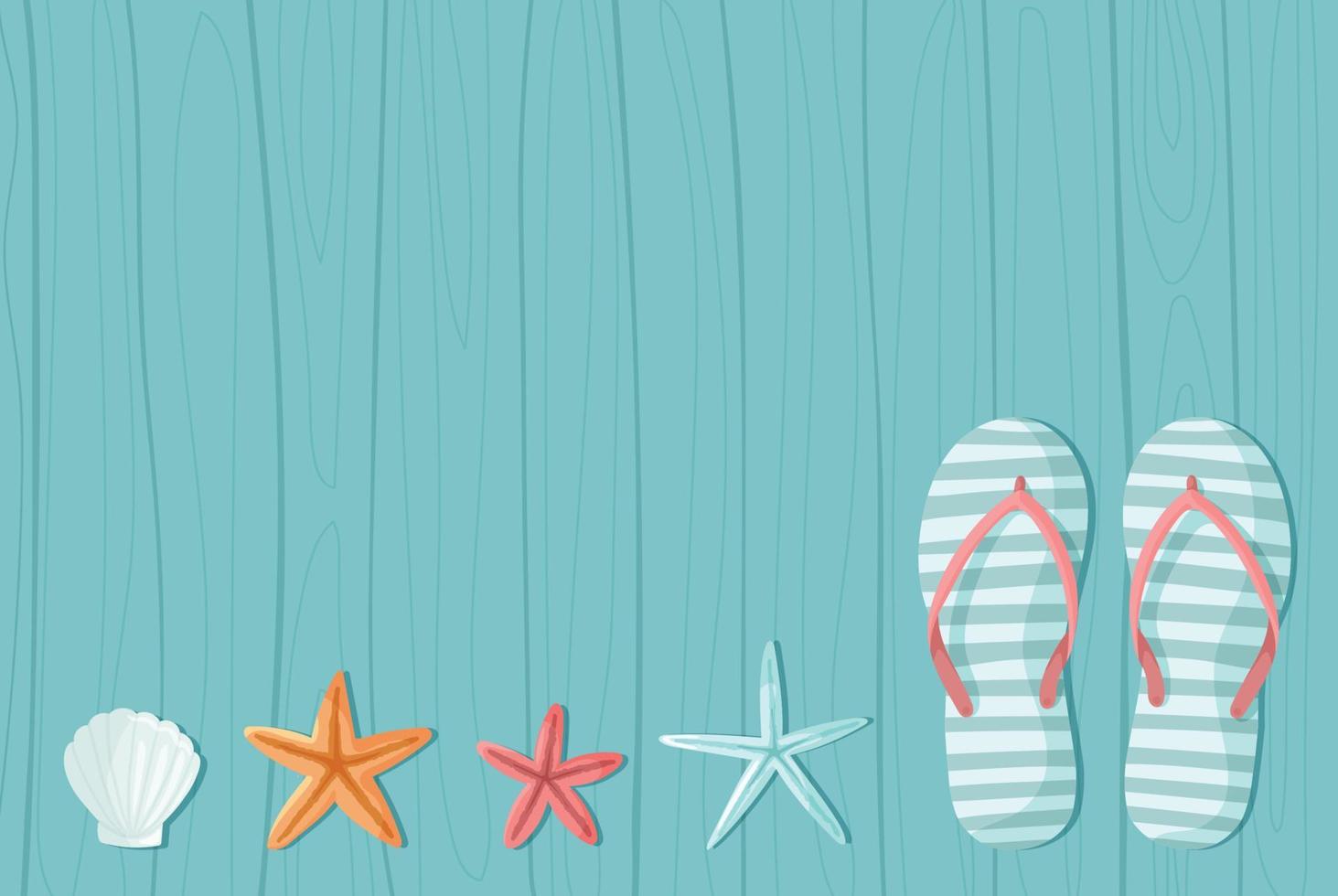 dar la vuelta fracasos y estrellas de mar en de madera antecedentes. verano antecedentes con sandalias en de madera fondo , vector ilustración. modelo para verano oferta con sitio para texto